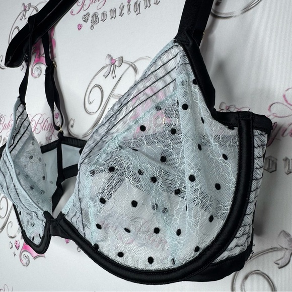 Victoria secret bra low cut Demi light blue black polka dot dotted mesh bustier - Picture 3 of 5